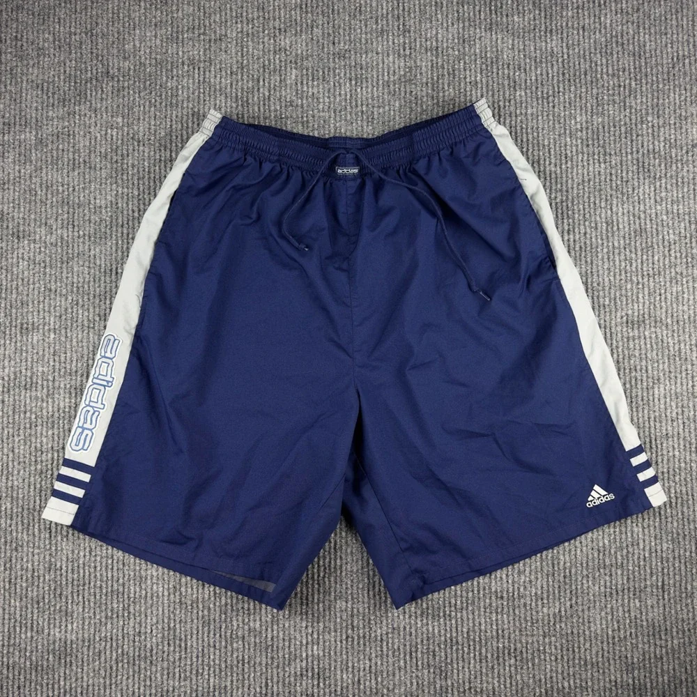 Adidas Vintage 2002 Mens Navy Blue Grey Striped Athletic Training Shorts AGC 003